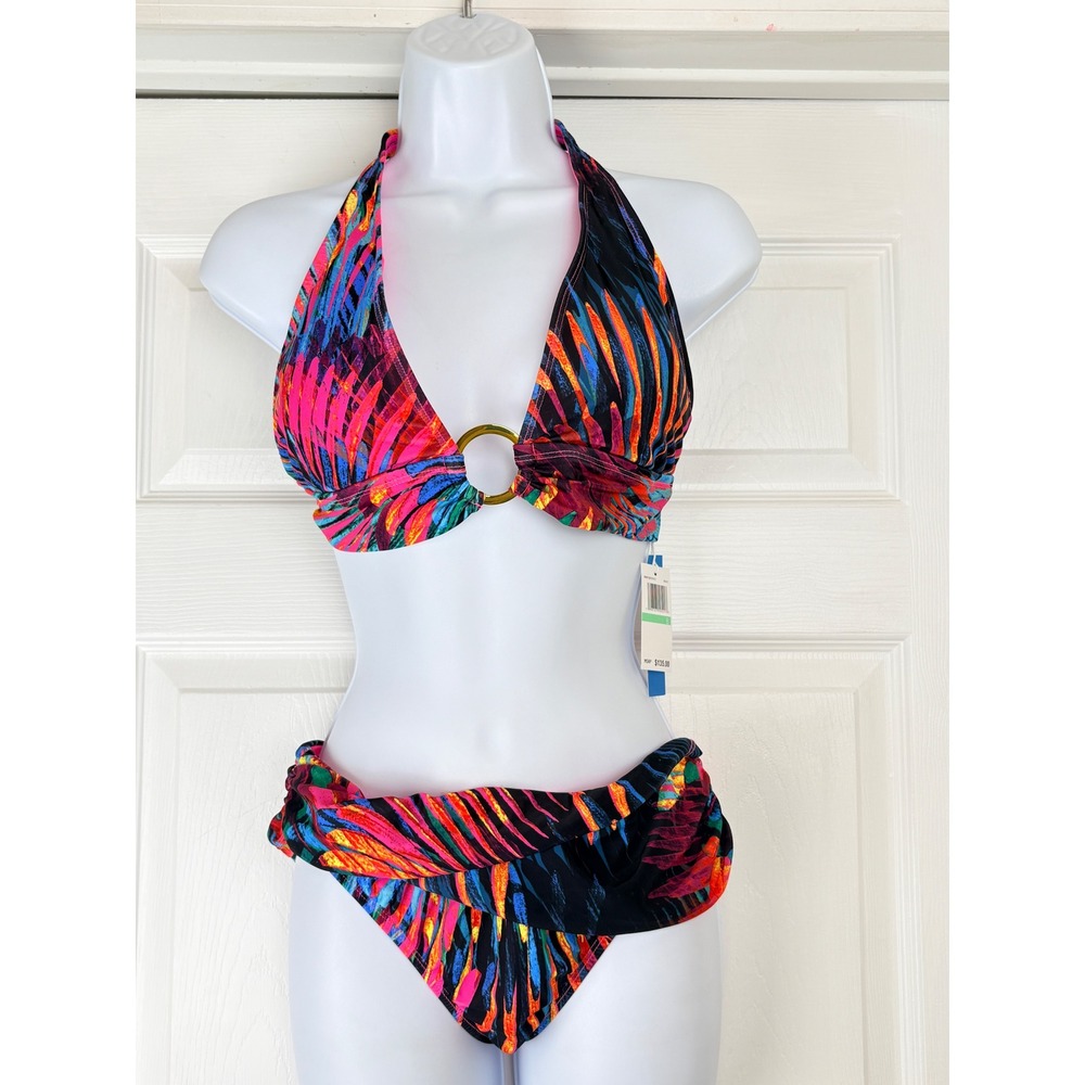 Bleu Rod Beattie Womens Tropical Palm Triangle Bikini Set Multi Color Size 8 NWT
